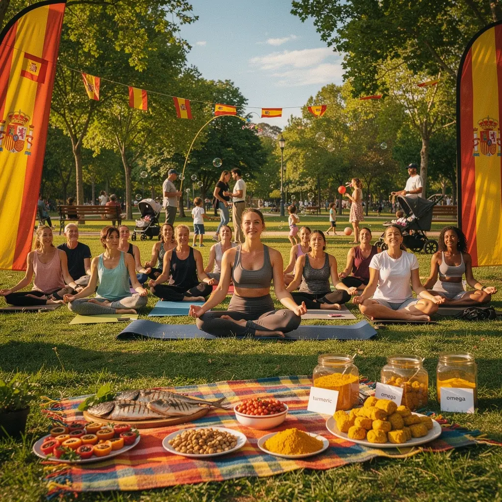 Una sesión de yoga al aire libre con personas practicando en un entorno natural, rodeados de plantas y frutas frescas.
