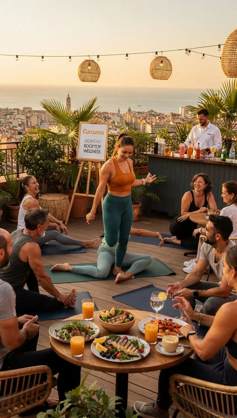 Una sesión de yoga en la playa al amanecer con olas de fondo.