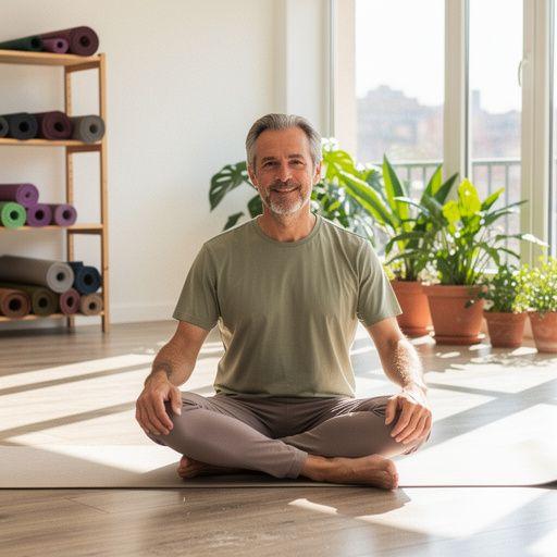 Una clase de yoga al aire libre con personas realizando posturas sobre esterillas verdes.