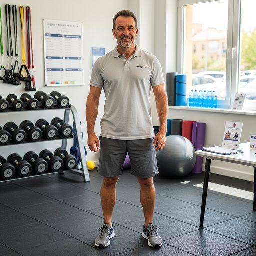 Un entrenador de fitness guiando a un grupo en un ejercicio de fuerza con pesas.